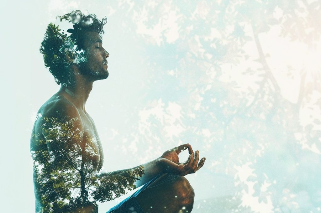 Homme assis en méditation, portrait fondu avec un feuillage d'arbre