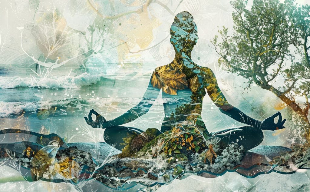 Illustration : silhouette d'une personne assise en méditation, fondue dans un paysage de mer, d'arbres et de végétation