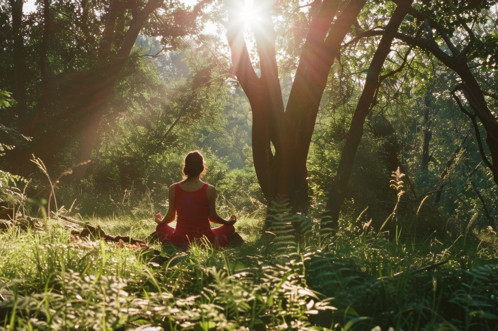 Femme en méditation dans une clairière baignée de lumière